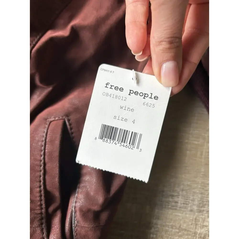 Free People Moto Jacket Womens 4 Burgundy Vegan Faux Leather Boho Biker NWT